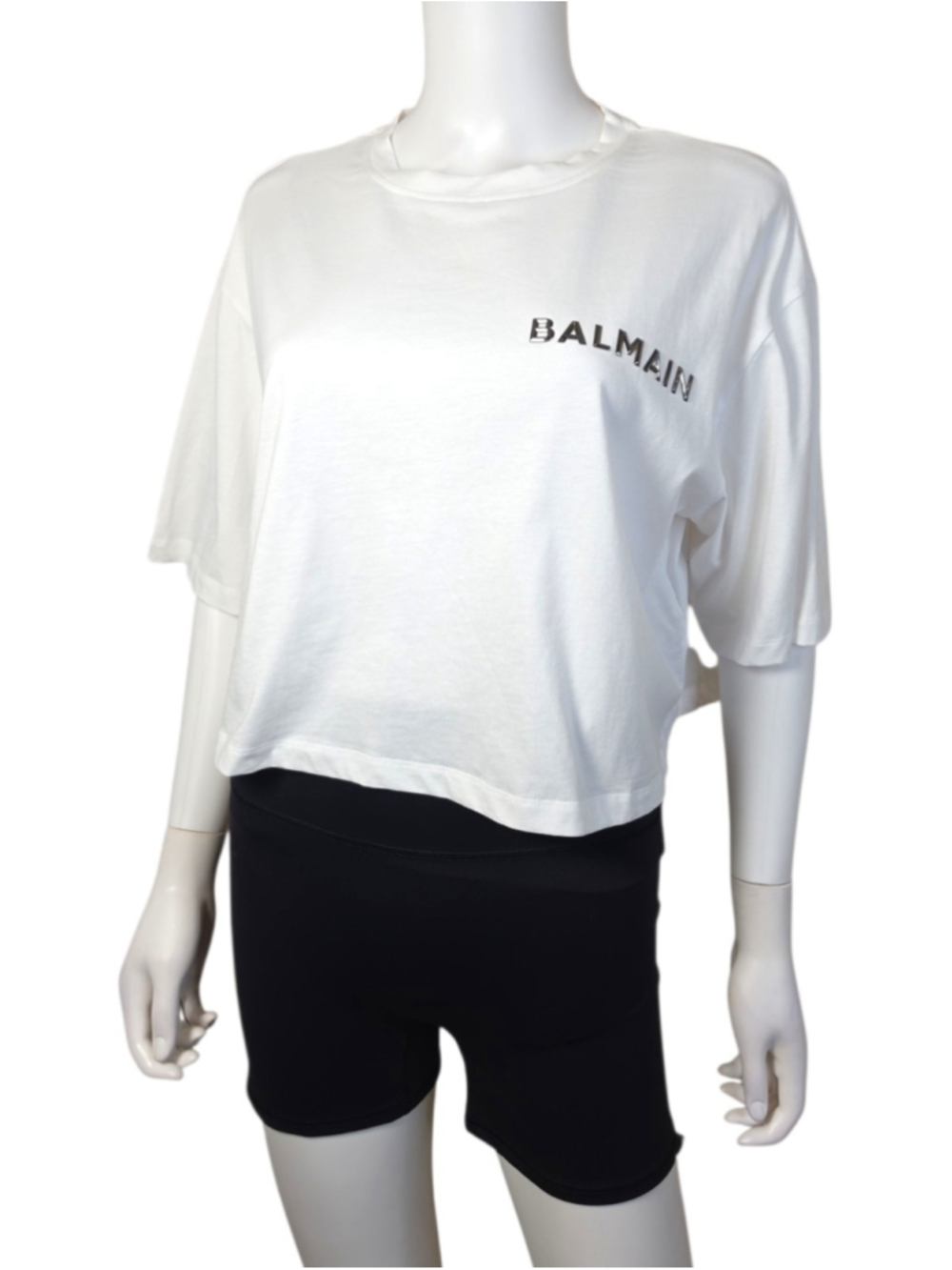 $495 BALMAIN Laminated Logo Cotton Crop T-Shirt Large - Picture 5 of 13